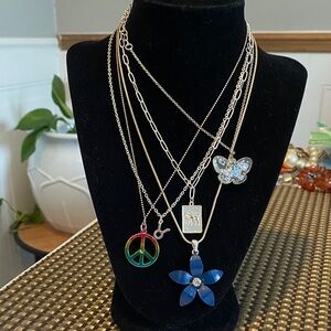 5 Silver Multi-Charm Layered Necklace with Blue Flower & Rainbow Peace Pendant